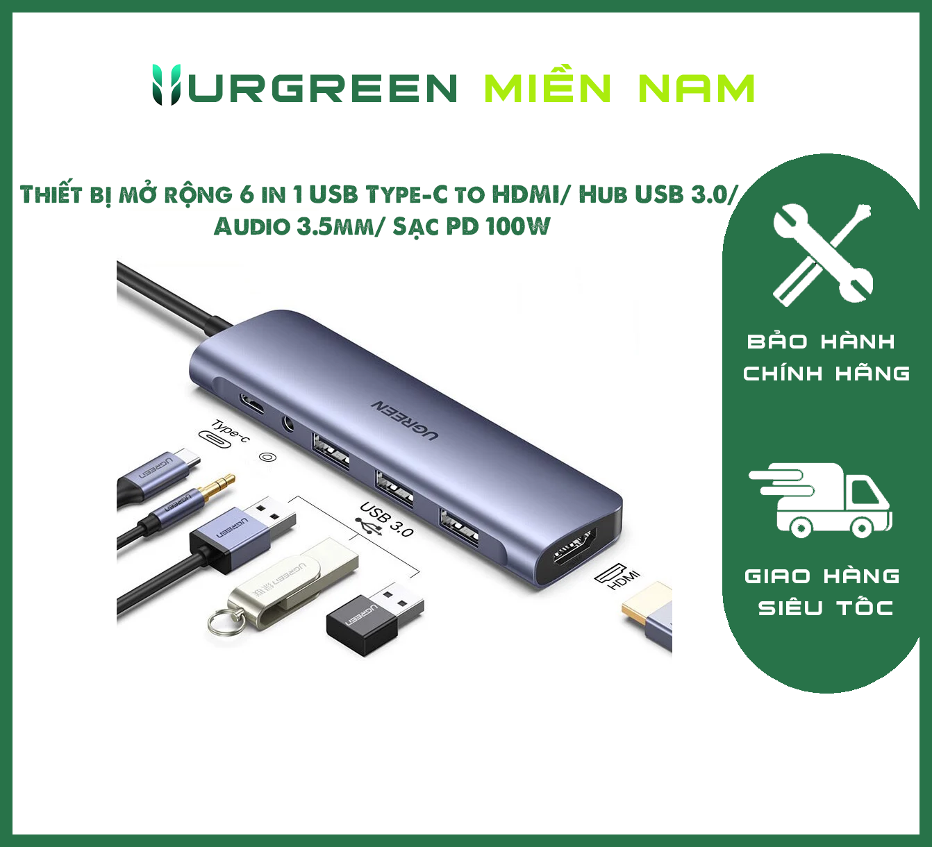 Thiết bị mở rộng 6 in 1 USB Type-C to HDMI/ Hub USB 3.0/ Audio 3.5mm/ Sạc PD 100W Ugreen 80132